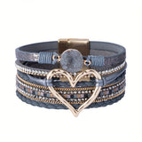 Darrahopens Fashion > Women's Fashion > Women's Jewellery Bohemian Braided Leather Bracelet, Multi-layer Design with Metal and Crystal Accents, Rose Gold Square Clasp with Heart Crystal, Embodying Casual Romantic Exotic Charm.(black)