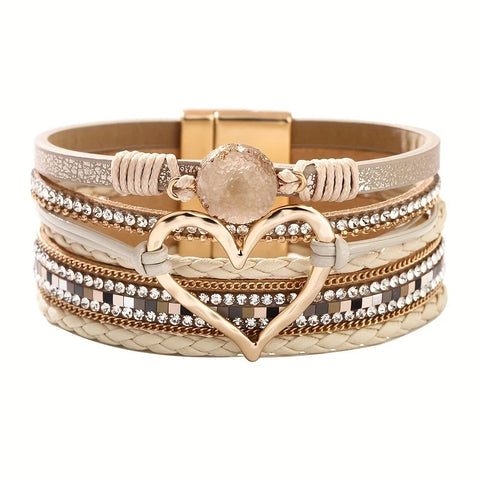 Darrahopens Fashion > Women's Fashion > Women's Jewellery Bohemian Braided Leather Bracelet, Multi-layer Design with Metal and Crystal Accents, Rose Gold Square Clasp with Heart Crystal, Embodying Casual Romantic Exotic Charm.(khaki)