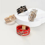 Darrahopens Fashion > Women's Fashion > Women's Jewellery Bohemian Braided Leather Bracelet, Multi-layer Design with Metal and Crystal Accents, Rose Gold Square Clasp with Heart Crystal, Embodying Casual Romantic Exotic Charm.(RED)