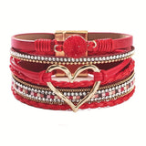 Darrahopens Fashion > Women's Fashion > Women's Jewellery Bohemian Braided Leather Bracelet, Multi-layer Design with Metal and Crystal Accents, Rose Gold Square Clasp with Heart Crystal, Embodying Casual Romantic Exotic Charm.(RED)