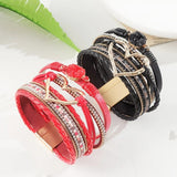Darrahopens Fashion > Women's Fashion > Women's Jewellery Bohemian Braided Leather Bracelet, Multi-layer Design with Metal and Crystal Accents, Rose Gold Square Clasp with Heart Crystal, Embodying Casual Romantic Exotic Charm.(silver)