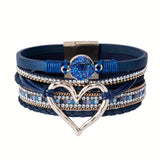 Darrahopens Fashion > Women's Fashion > Women's Jewellery Bohemian Braided Leather Bracelet, Multi-layer Design with Metal and Crystal Accents, Rose Gold Square Clasp with Heart Crystal, Embodying Casual Romantic Exotic Charm.(silver)