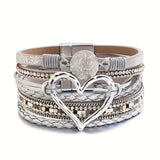 Darrahopens Fashion > Women's Fashion > Women's Jewellery Bohemian Braided Leather Bracelet, Multi-layer Design with Metal and Crystal Accents, Rose Gold Square Clasp with Heart Crystal, Embodying Casual Romantic Exotic Charm.(silver)