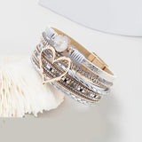 Darrahopens Fashion > Women's Fashion > Women's Jewellery Bohemian Braided Leather Bracelet, Multi-layer Design with Metal and Crystal Accents, Rose Gold Square Clasp with Heart Crystal, Embodying Casual Romantic Exotic Charm.(white)