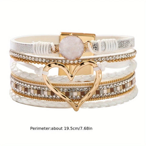 Darrahopens Fashion > Women's Fashion > Women's Jewellery Bohemian Braided Leather Bracelet, Multi-layer Design with Metal and Crystal Accents, Rose Gold Square Clasp with Heart Crystal, Embodying Casual Romantic Exotic Charm.(white)