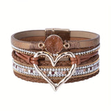 Darrahopens Fashion > Women's Fashion > Women's Jewellery Bohemian Braided Leather Bracelet, Multi-layer Design with Metal and Crystal Accents, Rose Gold Square Clasp with Heart Crystal, Embodying Casual Romantic Exotic Charm.(white)