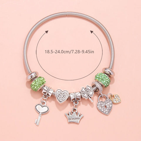 Darrahopens Fashion > Women's Fashion > Women's Jewellery Charm Bracelet with Heart, Four-Leaf Clover & Rhinestone Beads(green)