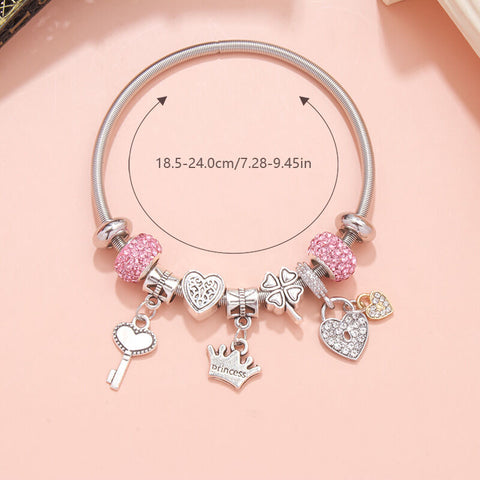Darrahopens Fashion > Women's Fashion > Women's Jewellery Charm Bracelet with Heart, Four-Leaf Clover & Rhinestone Beads(pink)