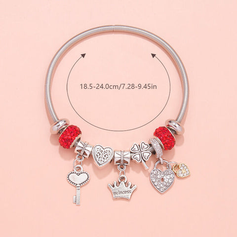 Darrahopens Fashion > Women's Fashion > Women's Jewellery Charm Bracelet with Heart, Four-Leaf Clover & Rhinestone Beads(red)