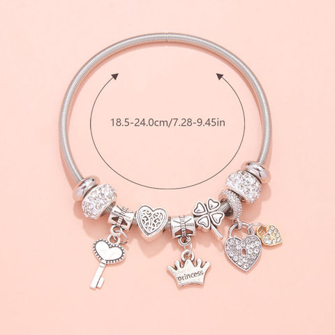 Darrahopens Fashion > Women's Fashion > Women's Jewellery Charm Bracelet with Heart, Four-Leaf Clover & Rhinestone Beads(silver)