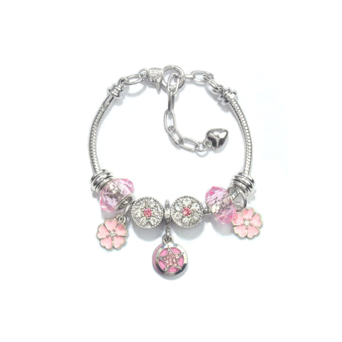 Darrahopens Fashion > Women's Fashion > Women's Jewellery Chic Pink Crystal Beaded Bracelet with Magnolia & Star Pendant(18cm)