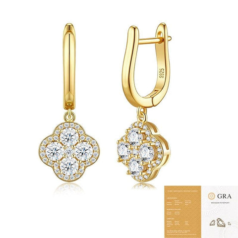 Darrahopens Fashion > Women's Fashion > Women's Jewellery Elegant Four-Leaf Clover Moissanite Drop Earrings in Gold-Toned S925 Silver, Featuring 66 VVS1 Clarity Stones with Eight Hearts and Arrows Cut for Everyday Wear, Office Chic, and Light Social Occasions (Moissanite, Premium S925) In Australia - Darrahopens