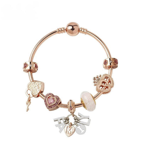 Darrahopens Fashion > Women's Fashion > Women's Jewellery Glamorous Gold Bracelet with Glass, Zircon, Heart & Crown Charms, “FAMILY” Word Pendant(18cm)