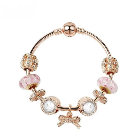 Darrahopens Fashion > Women's Fashion > Women's Jewellery Glamorous Golden Bracelet with Rhinestone Glass, Zircon, Hollow Beads & Bow Pendant(18cm)