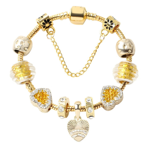 Darrahopens Fashion > Women's Fashion > Women's Jewellery Golden Rhinestone Heart Charm Beaded Snake Chain Bracelet(20cm)