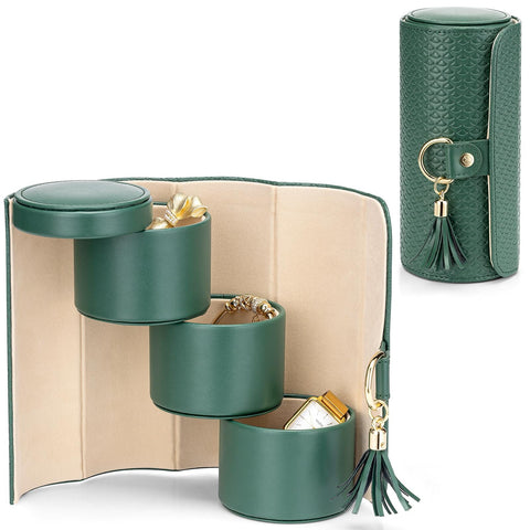 Darrahopens Fashion > Women's Fashion > Women's Jewellery Green Travel Jewelry Case: 3-Layer PU Cylinder Organizer for Necklaces, Earrings, Gifts for Travelers & Jewelry Lovers