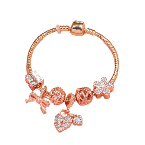 Darrahopens Fashion > Women's Fashion > Women's Jewellery Hollow Out Crystal Flower Heart Bow Charm Bracelet(rose gold,21cm)