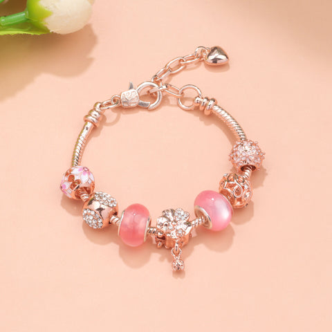 Darrahopens Fashion > Women's Fashion > Women's Jewellery Rose Gold Beaded Bracelet with Floral & Zircon Accents(16cm)