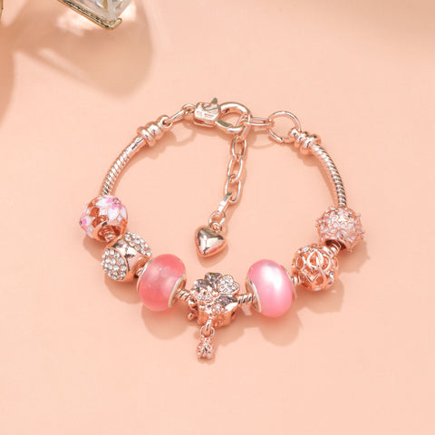 Darrahopens Fashion > Women's Fashion > Women's Jewellery Rose Gold Beaded Bracelet with Floral & Zircon Accents(20cm)