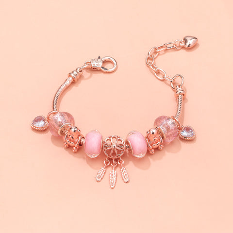 Darrahopens Fashion > Women's Fashion > Women's Jewellery Rose Gold Charm Bracelet with Dreamcatcher & Bear Beads, Colorful Glass Beads Bracelet(20cm)