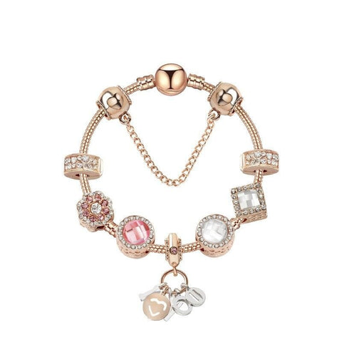 Darrahopens Fashion > Women's Fashion > Women's Jewellery Rose Gold Charm Bracelet with Zircon, Flower & Letter Pendants, Colorful Beads(19cm)