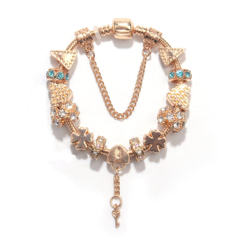 Darrahopens Fashion > Women's Fashion > Women's Jewellery Rose Gold DIY Charm Bracelet with Crystal Heart, Clover & Key Pendant, Romantic Beaded Bracelet(17cm)