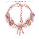 Darrahopens Fashion > Women's Fashion > Women's Jewellery Rose Gold Plated Charm Bracelet with Zircon, Hollow Heart, Flower, Crown & Glass Beads(19cm)