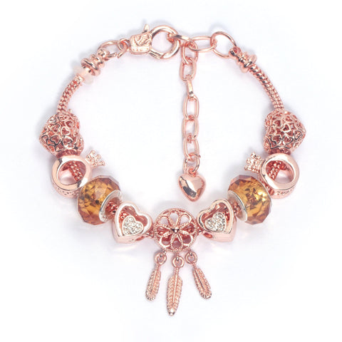 Darrahopens Fashion > Women's Fashion > Women's Jewellery Rose Gold Plated Charm Bracelet with Zircon, Hollow Heart, Flower, Crown & Glass Beads(20cm)