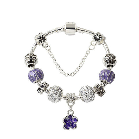 Darrahopens Fashion > Women's Fashion > Women's Jewellery Vintage Alloy Charm Bracelet with Purple Flower Pendant, Crystal Beads(18cm)