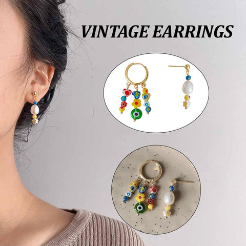 Darrahopens Fashion > Women's Fashion > Women's Jewellery Vintage Asymmetrical Earrings Handmade Floral Glass and Pearl Drop Design for Women