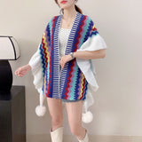 Darrahopens Fashion > Women's Fashion > Women's Knitwear & Sweaters Dark Blue Women's printed knitted cardigan cape with ruffled sleeves (Style 3)