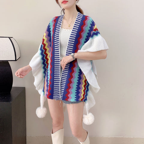 Darrahopens Fashion > Women's Fashion > Women's Knitwear & Sweaters Dark Blue Women's printed knitted cardigan cape with ruffled sleeves (Style 3)