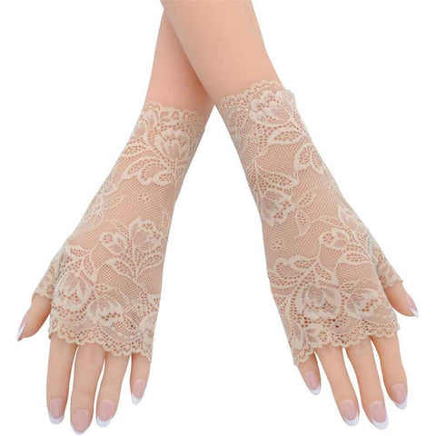 Darrahopens Fashion > Women's Fashion > Women's Sleepwear 2 pairs Women Sunblock Short Lace Half Fingerless Gloves Fancy Wrist Length Bridal Wedding Events Party Glove （skin color）