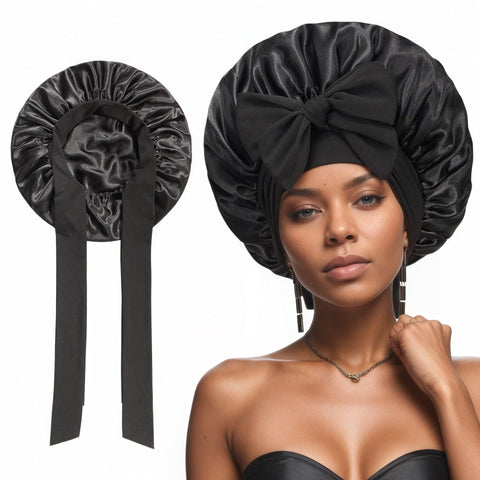Darrahopens Fashion > Women's Fashion > Women's Sleepwear 2 Pcs Black Double-Layer Satin Hair Cap with Ribbon Bow – Premium Silk-Like Beauty & Hair Protection Hat