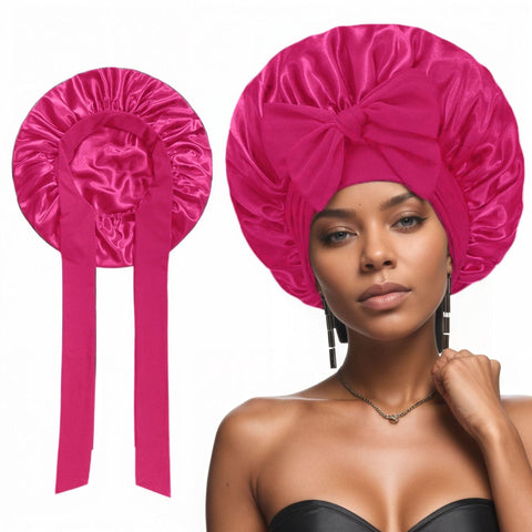 Darrahopens Fashion > Women's Fashion > Women's Sleepwear 2 Pcs Dark Pink Double-Layer Satin Hair Cap with Ribbon Bow – Premium Silk-Like Beauty & Hair Protection Hat