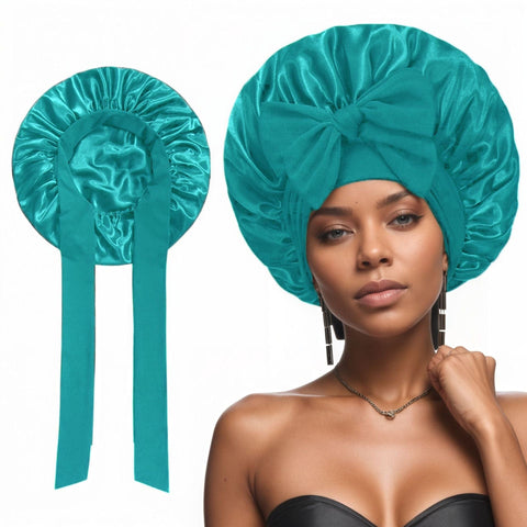 Darrahopens Fashion > Women's Fashion > Women's Sleepwear 2 Pcs Lake Blue Double-Layer Satin Hair Cap with Ribbon Bow – Premium Silk-Like Beauty & Hair Protection Hat