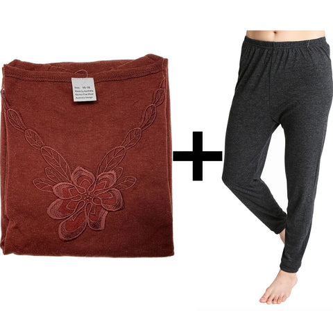 Darrahopens Fashion > Women's Fashion > Women's Sleepwear 2pcs Set Womens Merino Wool Blend Pants & Top Underwear Leggings Thermal Thermals - Burgundy Top & Black Pants - 10-12