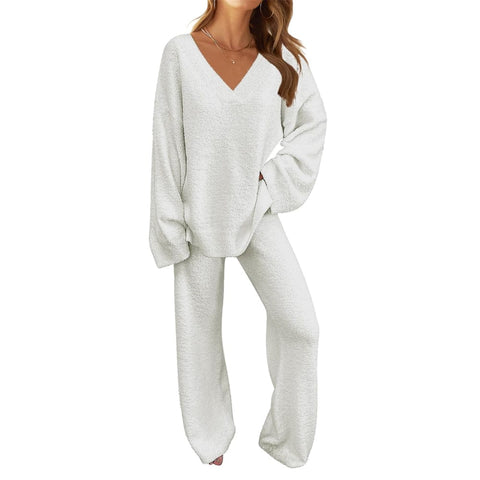 Darrahopens Fashion > Women's Fashion > Women's Sleepwear Women's 2-Piece Clothing Set, Fuzzy Fleece Pajama Set Long Sleeve, White XL