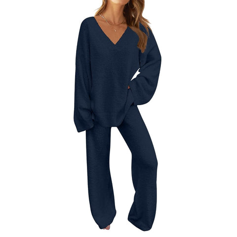 Darrahopens Fashion > Women's Fashion > Women's Sleepwear Women's 2-Piece Clothing Set, Fuzzy Wool Pajama Set Long Sleeve Loungewear, Black L