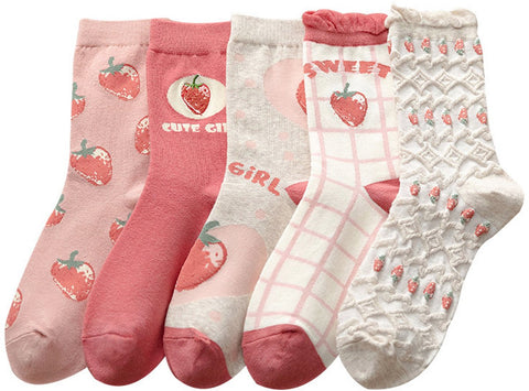 Darrahopens Fashion > Women's Fashion > Women's Socks & Hosiery 5 pairs of socks - Women's autumn and winter socks - Women's strawberry socks - Fashion socks with round neck - Princess socks - Preppy style socks