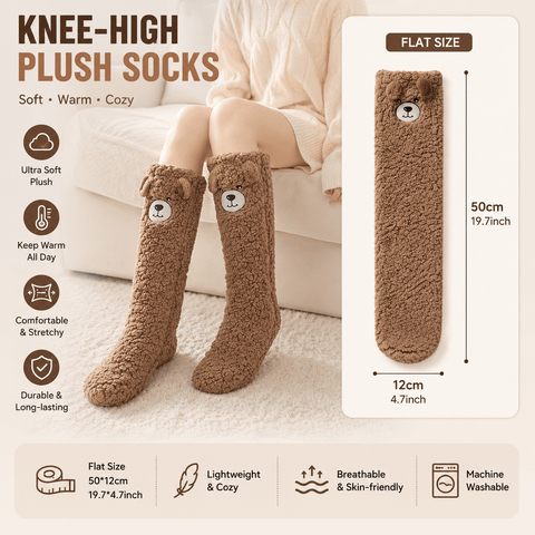 Darrahopens Fashion > Women's Fashion > Women's Socks & Hosiery Coffee Winter Women’s Cute Bear Plush Knee High Slipper Socks – Warm Fleece Floor Socks and Sleeping Socks with Non-Slip Grips, One Size for EU 35-40