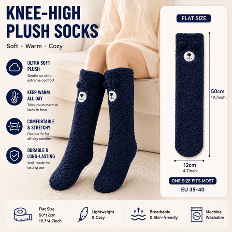 Darrahopens Fashion > Women's Fashion > Women's Socks & Hosiery Navy Blue Winter Women’s Cute Bear Plush Knee High Slipper Socks – Warm Fleece Floor Socks and Sleeping Socks with Non-Slip Grips, One Size for EU 35-40