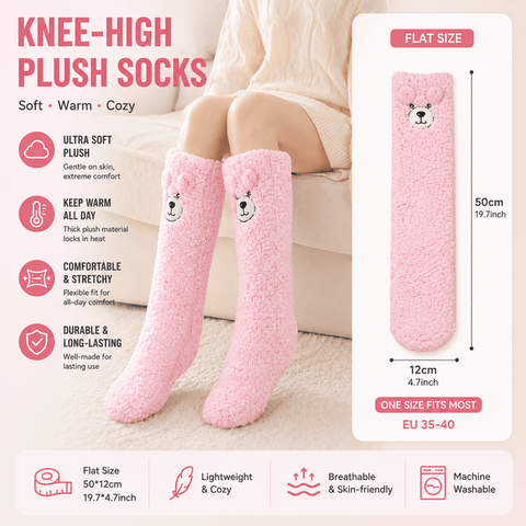 Darrahopens Fashion > Women's Fashion > Women's Socks & Hosiery Pink Winter Women’s Cute Bear Plush Knee High Slipper Socks – Warm Fleece Floor Socks and Sleeping Socks with Non-Slip Grips, One Size for EU 35-40