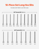 Darrahopens Fashion > Women's Fashion > Women's Socks & Hosiery VEVOR Extra Long Allen Hex Bit Socket Set, 18-Piece 3/8 inch Drive, S2 Alloy Steel and Cr-V Steel, Standard SAE and Metric 1/8-Inch-3/8-Inch, 3-12mm, with Enhanced Storage Case, for Mechanics