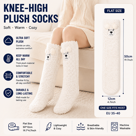 Darrahopens Fashion > Women's Fashion > Women's Socks & Hosiery White Winter Women’s Cute Bear Plush Knee High Slipper Socks – Warm Fleece Floor Socks and Sleeping Socks with Non-Slip Grips, One Size for EU 35-40