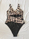 Darrahopens Fashion > Women's Fashion > Women's Swimwear Plus Size One-Piece Deep V-Neck Swimsuit with Waist Tie Design Size 2XL