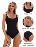 Darrahopens Fashion > Women's Fashion > Women's Swimwear Women's Black One Piece Swimsuit with White Trim: Adjustable Strap, Ribbed, High Cut for Sports & Beach（L）