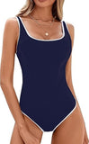 Darrahopens Fashion > Women's Fashion > Women's Swimwear Women's Dark Blue One Piece Swimsuit with White Trim: Adjustable Strap, Ribbed, High Cut for Sports & Beach（L）