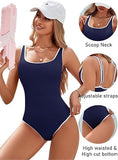 Darrahopens Fashion > Women's Fashion > Women's Swimwear Women's Dark Blue One Piece Swimsuit with White Trim: Adjustable Strap, Ribbed, High Cut for Sports & Beach（XXL）