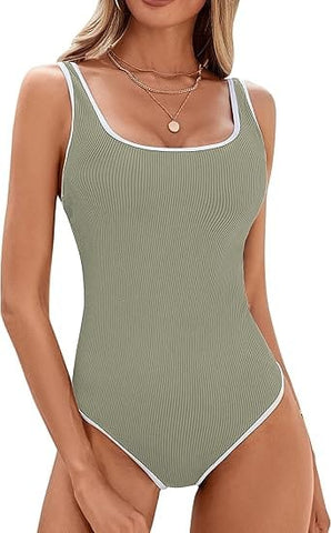 Darrahopens Fashion > Women's Fashion > Women's Swimwear Women's Matcha Green One Piece Swimsuit with White Trim: Adjustable Strap, Ribbed, High Cut for Sports & Beach（L）